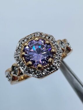 Swarovski Amethyst Purple Crystal Elements Halo Ring Gold Sz 7 Art Deco